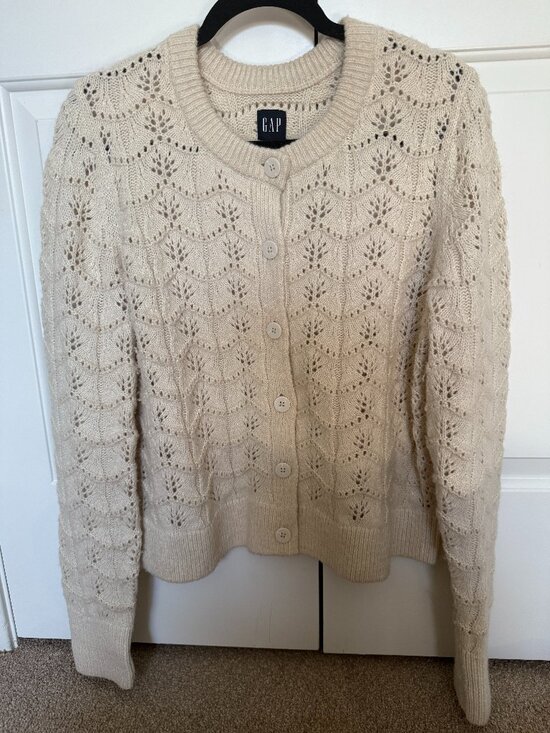 GAP Pointelle Cotton/Wool Cardigan Sweater Cream L - Picture 1 of 4